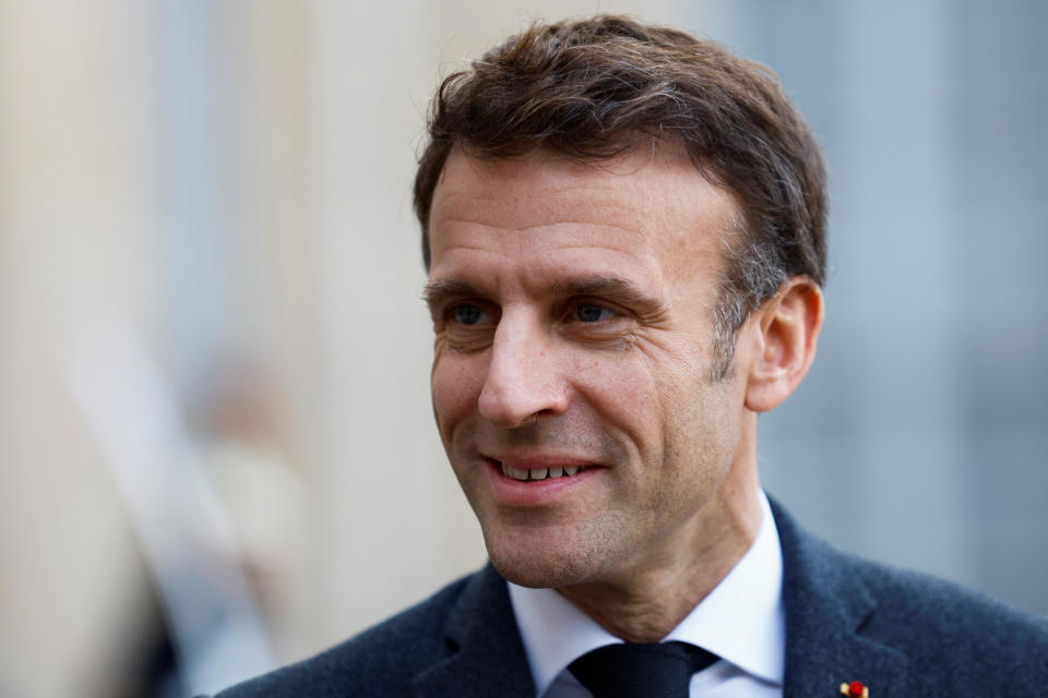 French President Emmanuel Macron reacts during a joint statement with Swedish Prime Minister Ulf Kristersson before a meeting at the Elysee Palace in Paris, France, January 3, 2023. REUTERS/Gonzalo Fuentes