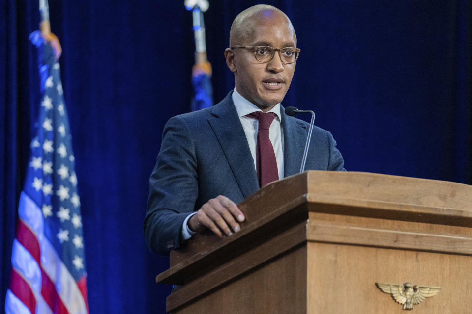 United States Attorney for the Southern District of New York Damian Williams speaks during a ceremony on Friday, Nov. 19, 2021, in New York. (AP Photo/Jeenah Moon)