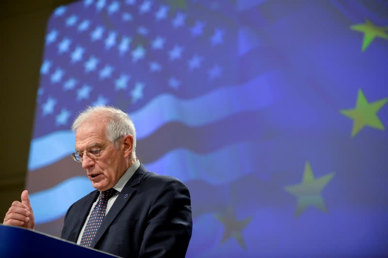 European Union foreign policy chief Josep Borell speaks during a news conference in Brussels