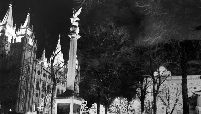 The Seagull monument and Temple all aglow on Dec. 17, 1966 the second year of lights on Temple Square. For the past 44 years the lights on Temple Square have delighted millions of visitors. (O. Wallace Kastler -Deseret News Archives)