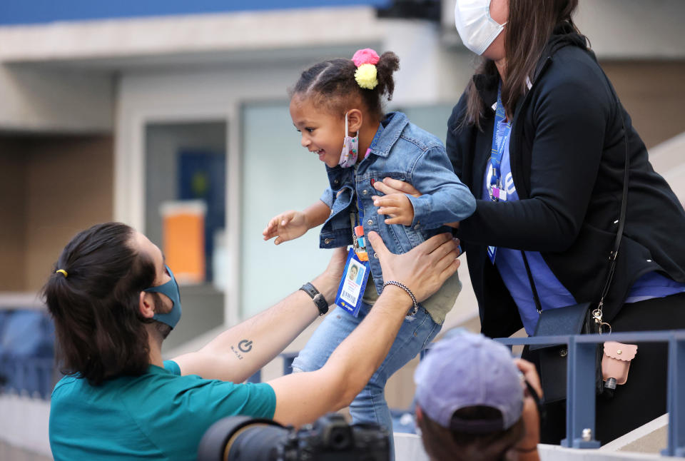 Alexis Ohanian and Alexis Olympia Ohanian Jr., husband and daughter of Serena Williams, attend the Women’s Singles third-round match between Serena Williams and Sloane Stephens on day Six of the 2020 U.S. Open. (Al Bello / Getty Images)