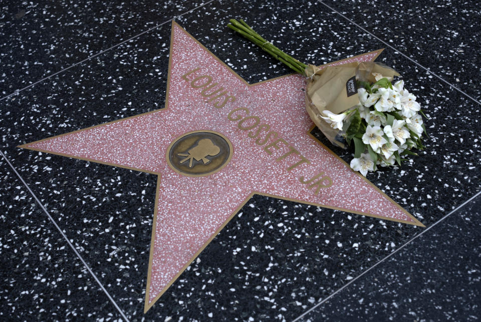 Flowers are placed on the Hollywood Walk of Fame star for Louis Gossett Jr., on Friday, March 29, 2024. Gossett was the first Black man to win a supporting actor Oscar and an Emmy winner for his role in the seminal TV miniseries "Roots," has died. He was 87. (AP Photo/Richard Vogel)