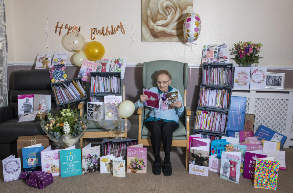 An OAP has been inundated with thousands of birthday cards from strangers to celebrate turning 101 - after an appeal from her care home. SWNS.