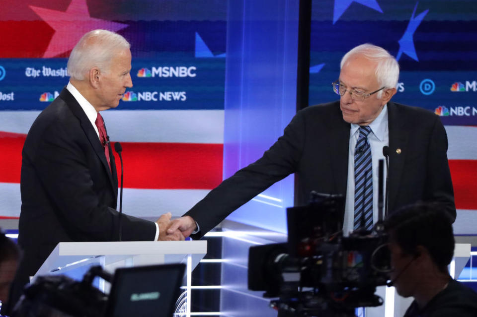 Biden and Sanders shake hands after the Democratic presidential debate at Tyler Perry Studios in Atlanta, Ga., on Nov. 20, 2019. | Alex Wong—Getty Images