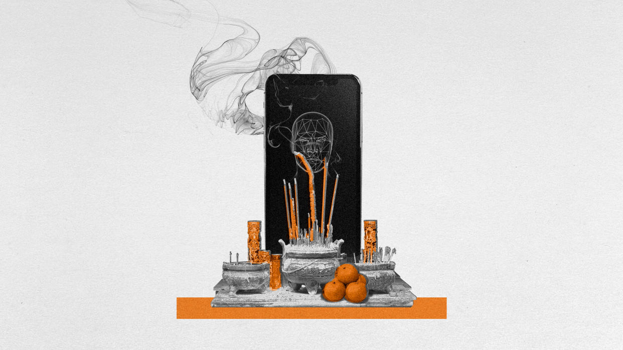  Photo collage of a large smartphone with a low poly AI-generated face on it. In front of it, offerings of incene, oranges, and candles are laid out, as if in front of a gravestone. 