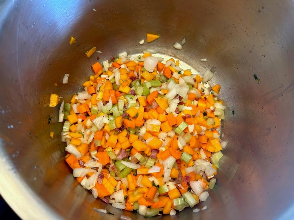 Veggies in pot for Ina Garten's winter minestrone soup