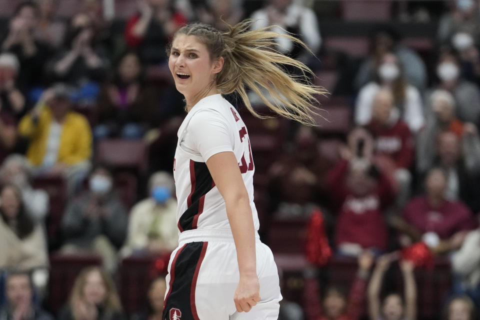 Stanford guard Hannah Jump reacts after scoring a 3-point basket against Utah during the first half of an NCAA college basketball game in Stanford, Calif., Friday, Jan. 20, 2023. (AP Photo/Godofredo A. Vásquez)