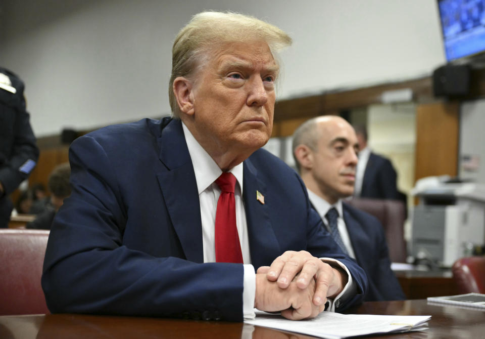 Former President Donald Trump appears at Manhattan criminal court before his trial in New York, Thursday, May 16, 2024. (Angela Weiss/Pool Photo via AP)