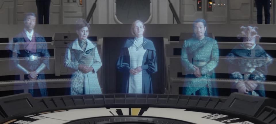 Mon Mothma and other New Republic officials including Senator Xiono in hologram form on the Star Wars series Ahsoka 