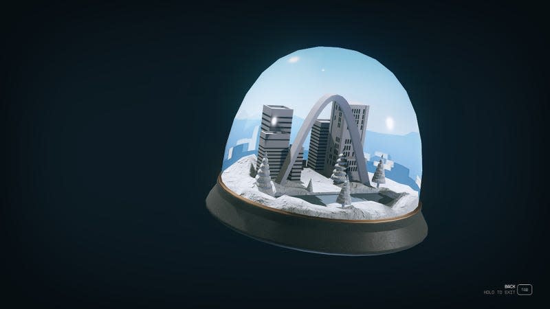 A snow globe shows the cty of St. Louis.