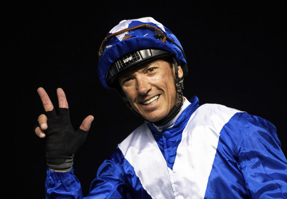 Lord North's jockey Frankie Dettori reacts after winning Group 1 Dubai Turf over 1800m (9 furlongs) at the Meydan racecourse in Dubai, United Arab Emirates, Saturday, March 25, 2023. (AP Photo/Martin Dokoupil)