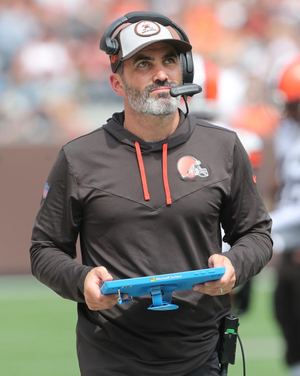 Cleveland Browns head coach Kevin Stefanski on the sidelines against the Philadelphia Eagles on Sunday, Aug. 21, 2022 in Cleveland, Ohio, at FirstEnergy Stadium.