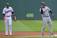 Detroit Tigers' Miguel Cabrera celebrates after hitting an RBI-double in the first inning of a baseball game against the Cleveland Guardians, Sunday, May 22, 2022, in Cleveland. Tigers' Robbie Grossman scored on the play. (AP Photo/David Dermer)