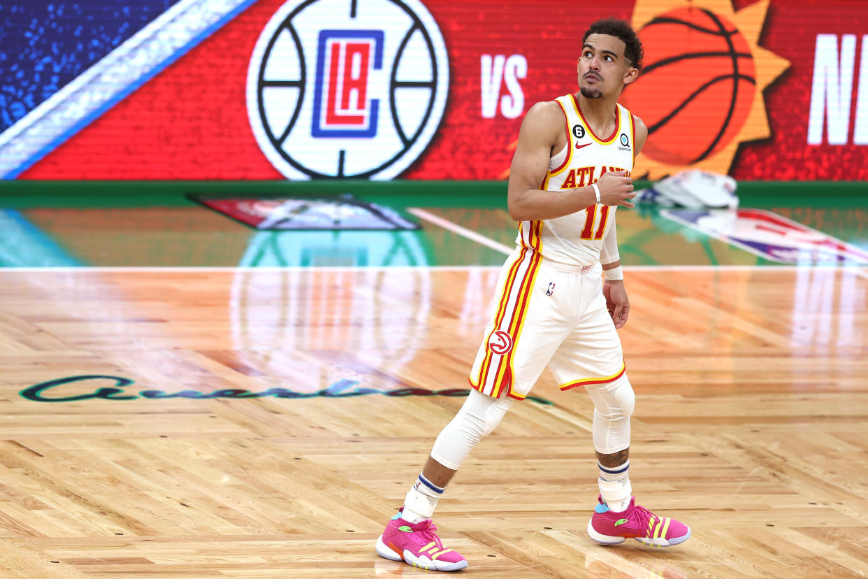 Trae Young watches as his winning 3-pointer kept the Hawks alive against the Celtics. (Maddie Meyer/Getty Images)