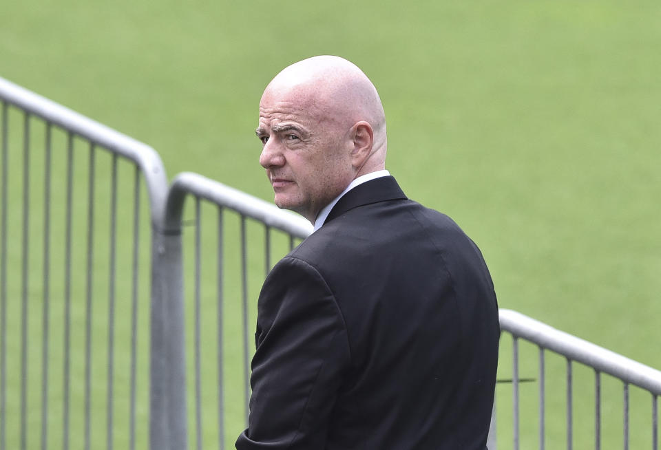 FIFA President Gianni Infantino attends the wake of Brazilian football legend Pele at the Urbano Caldeira stadium in Santos, Sao Paulo, Brazil on January 2, 2023. - Brazilians bid a final farewell this week to football giant Pele, starting Monday with a 24-hour public wake at the stadium of his long-time team, Santos. (Photo by Miguel SCHINCARIOL / AFP) (Photo by MIGUEL SCHINCARIOL/AFP via Getty Images)