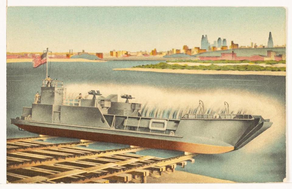 Postcard of a landing craft launched into the Kansas River at some point during WWII. The Darby Corporation in Kansas City, Kansas, built landing crafts that helped the United States get to the beaches of Normandy during World War II.