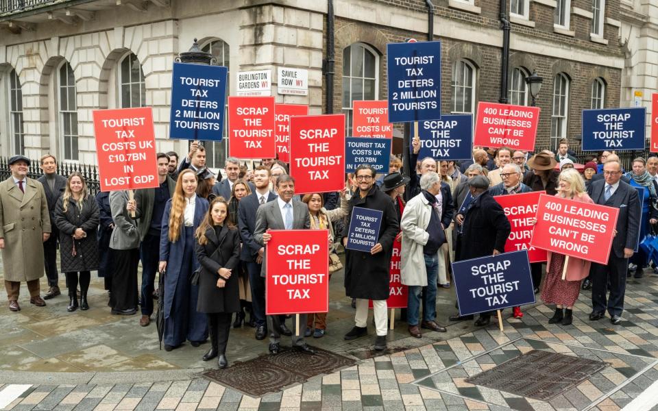 Business leaders including Sir Rocco Forte protesting against the Government's tourist tax, in Saville Row in November