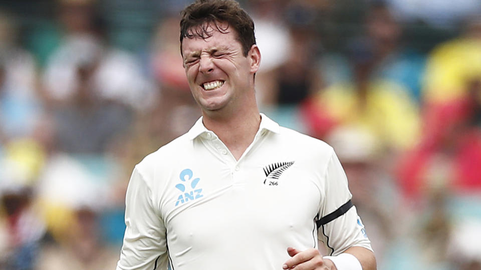 New Zealand bowler Matt Henry, pictured after breaking his thumb in the third Test against Australia. 