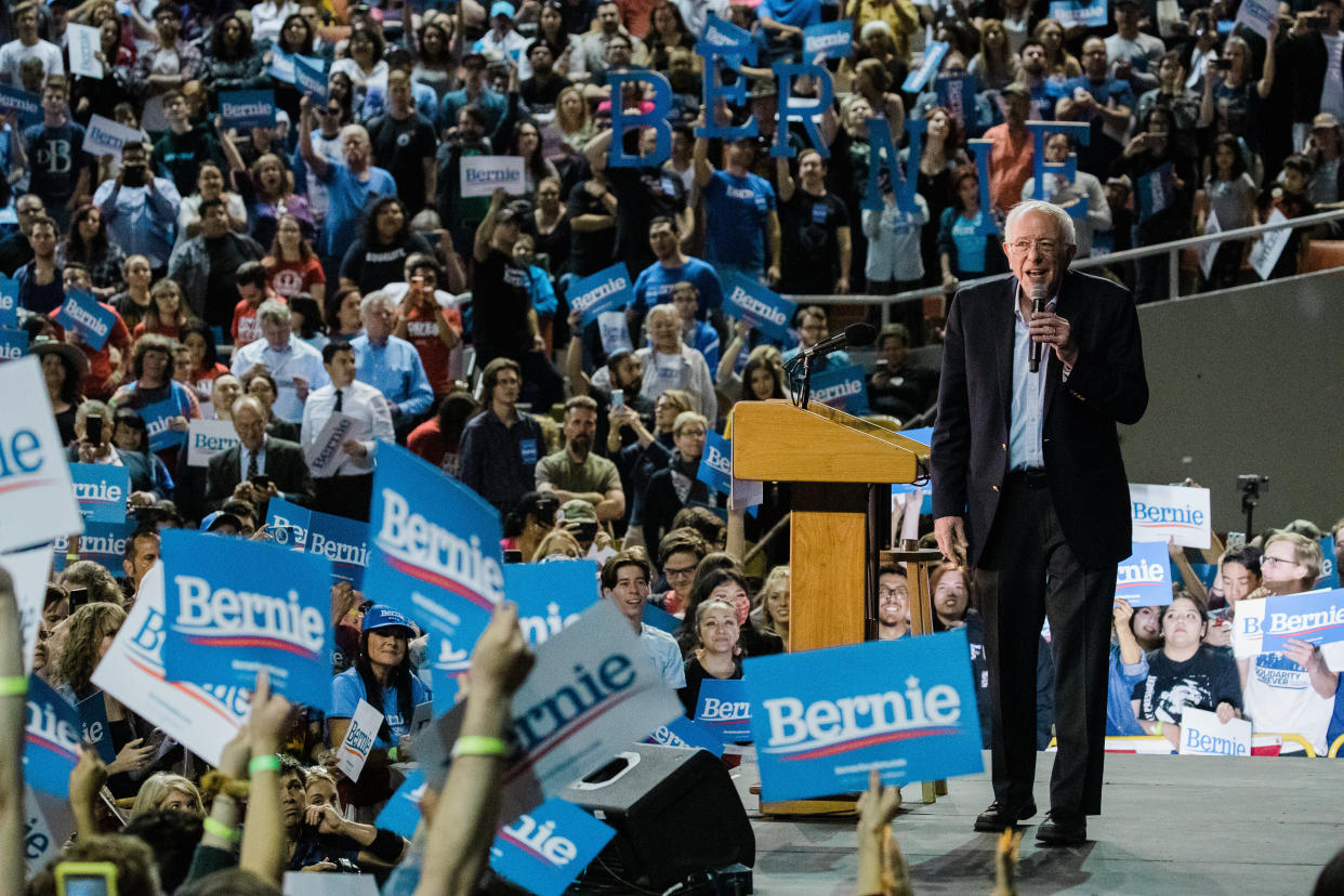 Democratic Presidential Candidate Sen. Bernie Sanders (I-Vt.) speaks at a campaign rally on March 5, 2020, in Phoenix, Arizona. There were several disruptions during the rally, including a white nationalist brandishing a Nazi flag. (Photo: Caitlin O'Hara via Getty Images)