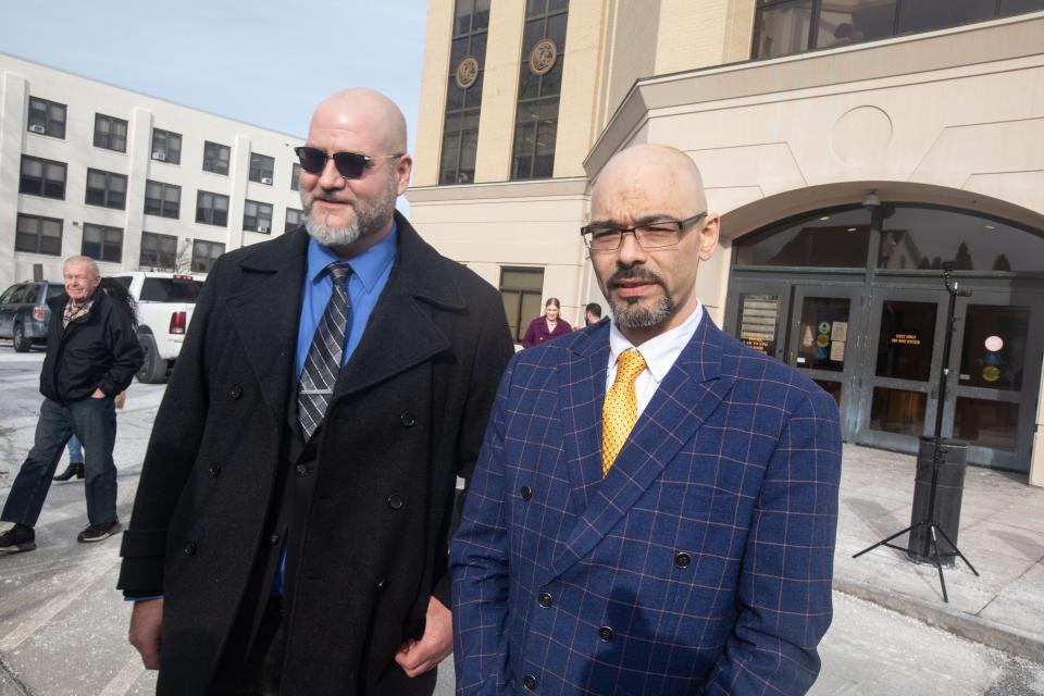 Andrew Krivak, right, stands with his friend Anthony DiPippo outside the Putnam County Courthouse Feb. 27, 2023 after a jury acquitted him for the rape and murder of 12-year-old Josette Wright in Putnam Court on Feb. 27.