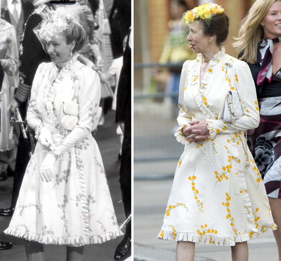 Da kann Prinzessin Anne allerdings auch mithalten. 1981 erschien sie zur Hochzeit ihres älteren Bruders Charles mit Prinzessin Diana in einem Wickelkleid mit Rüschen und gelben Blümchen. Ganze 27 Jahre später ist Prinzessin Anne mal wieder auf eine Hochzeit eingeladen und trägt nicht nur exakt das gleiche Kleidchen, sondern auch denselben Fascinator. Hoffentlich hat das Outfit dem zweiten Hochzeitspaar mehr Glück gebracht.