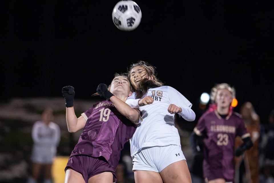 Algonquin's Kylie Tomasetti and Shrewsbury's Tuana Ayturk go up for a header during the CMADA Class A Final on Wednesday November 1, 2023 in Marlborough.