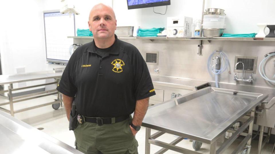 San Luis Obispo County Sheriff-Coroner’s Sgt. John McDaniel stands in the room where autopsies are conducted, on Feb. 16, 2023. “You can’t enforce your way out of a drug problem,” he said. 