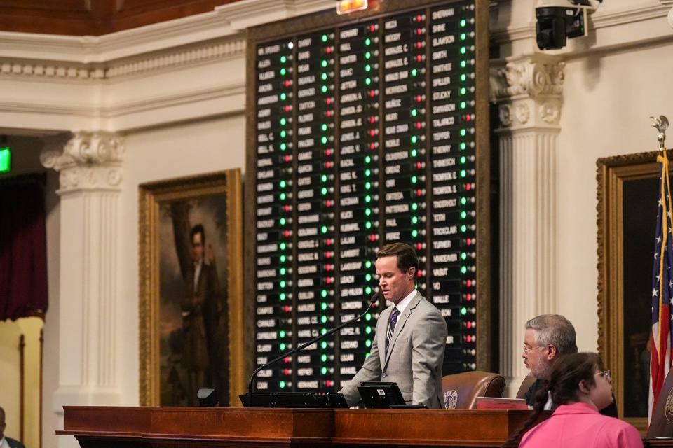 Texas House Speaker Dade Phelan, R-Beaumont, takes the final vote for SB 14 as the chamber approves the bill May 12. Texas Attorney General Ken Paxton is using SB 14 to seek records from a nationwide LGBTQ+ organization.