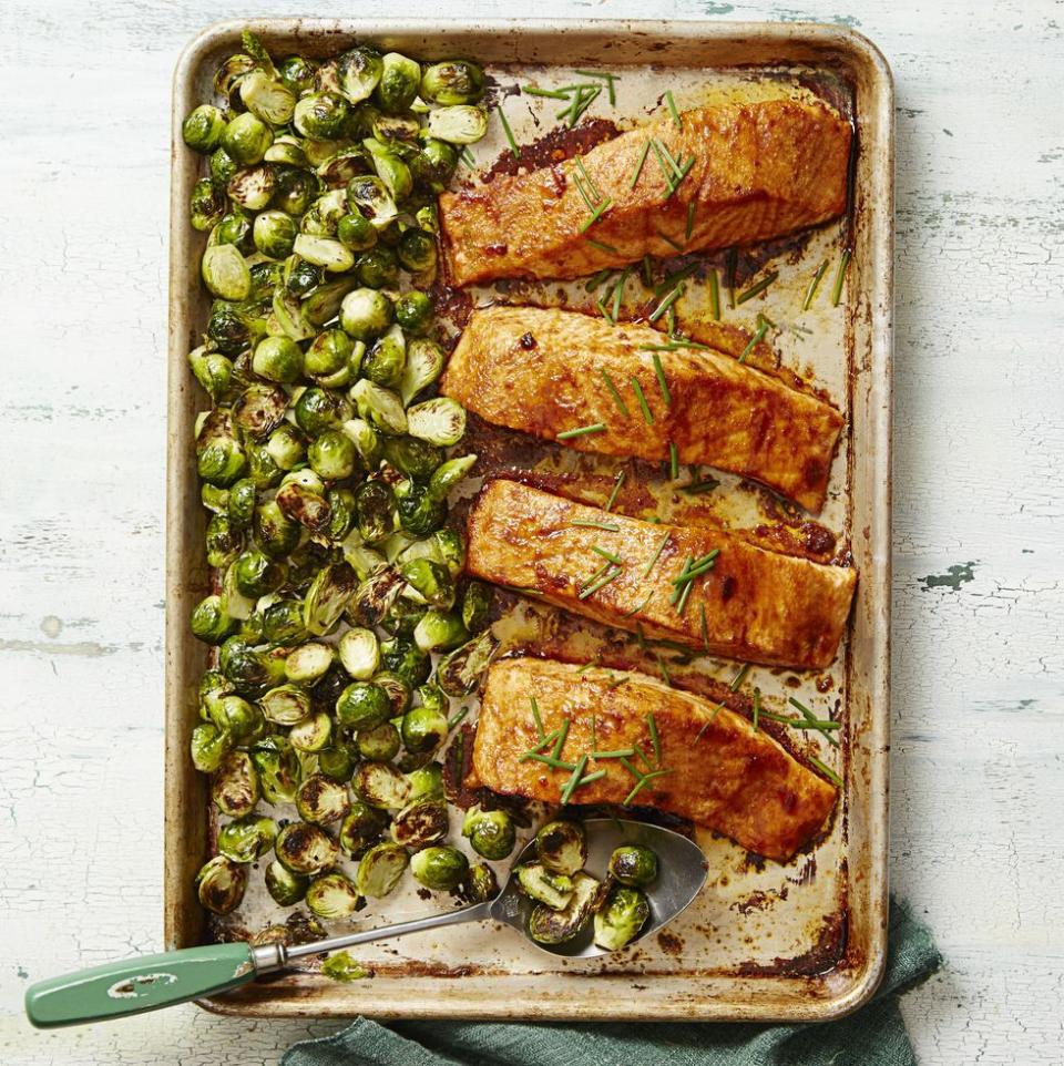 BBQ Salmon & Brussels Sprout Bake