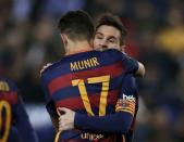 Football Soccer - Barcelona v Espanyol - Spain King's Cup - RCDE stadium, Barcelona - 13/1/16Barcelona's Munir el Haddadi and Lionel Messi (facing camers) celebrate a goal against Espanyol. REUTERS/Albert Gea