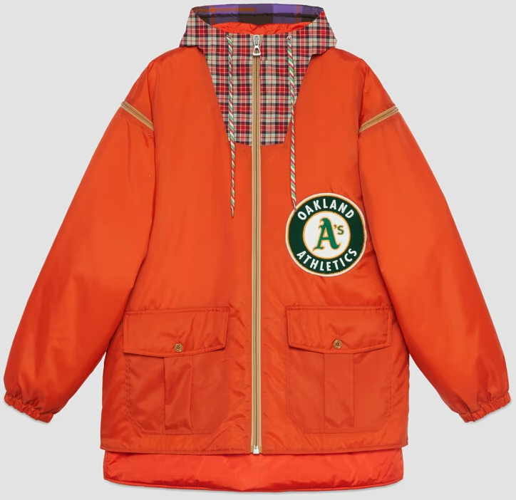orange and gingham jacket with athletics patch
