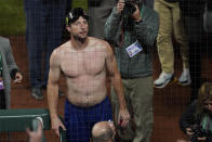 Los Angeles Dodgers pitcher Max Scherzer celebrates after the Dodgers defeated the San Francisco Giants in Game 5 of a baseball National League Division Series Thursday, Oct. 14, 2021, in San Francisco. (AP Photo/Eric Risberg)