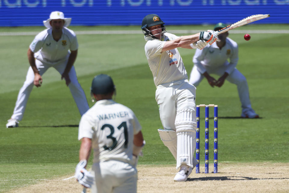 Australia's Steve Smith gloves the ball while batting during the second cricket test between South Africa and Australia at the Melbourne Cricket Ground, Australia, Tuesday, Dec. 27, 2022. (AP Photo/Asanka Brendon Ratnayake)