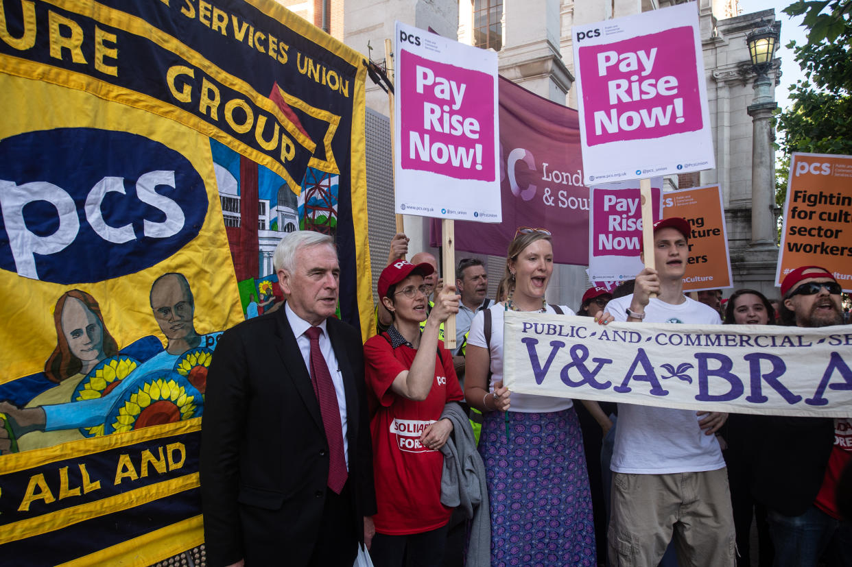 LONDON, ENGLAND - JUNE 20: John McDonnell and Members of the PCS Trade Union whom work in the culture sector protest at The V&A against the building being used for a Conservative Party fundraiser on June 20, 2022 in London, England. The Public and Commercial Services Union (PCS) is made up of Government workers including civil servants. Earlier in the Spring, Boris Johnson announced 91,000 job cuts across the civil service with Secretaries of state asked to prepare plans for redundancies across their departments by 30 June. (Photo by Guy Smallman/Getty images)