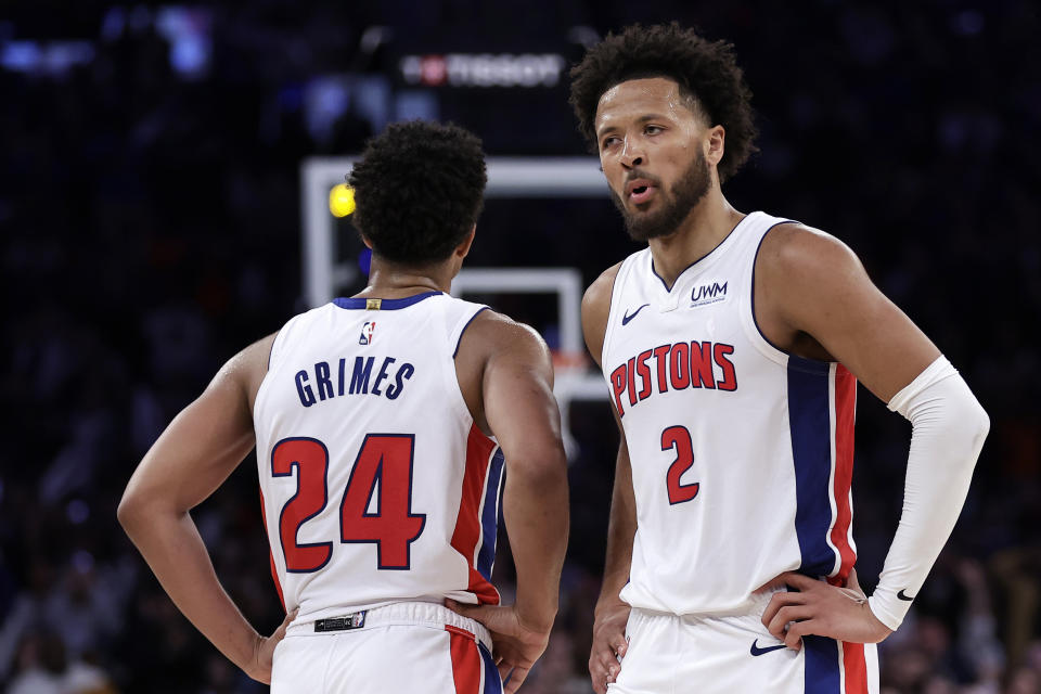 Detroit Pistons guard Cade Cunningham (2) reacts next to teammate Quentin Grimes (24) late in the second half of an NBA basketball game against the New York Knicks, Monday, Feb. 26, 2024, in New York. The Knicks won 113-111. (AP Photo/Adam Hunger)