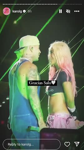 <p>Karol G Instagram</p> Karol G and Feid performing on stage.