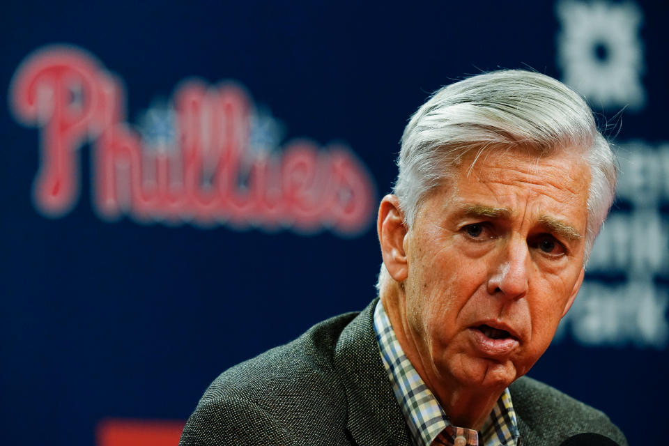 Philadelphia Phillies president of baseball operations Dave Dombrowski speaks with members of the media during a news conference in Philadelphia, Friday, June 3, 2022. Joe Girardi was fired by the Phillies on Friday, after his team's terrible start, becoming the first major league manager to lose his job this season. Philadelphia said bench coach Rob Thomson will become interim manager for the rest of the season. (AP Photo/Matt Rourke)