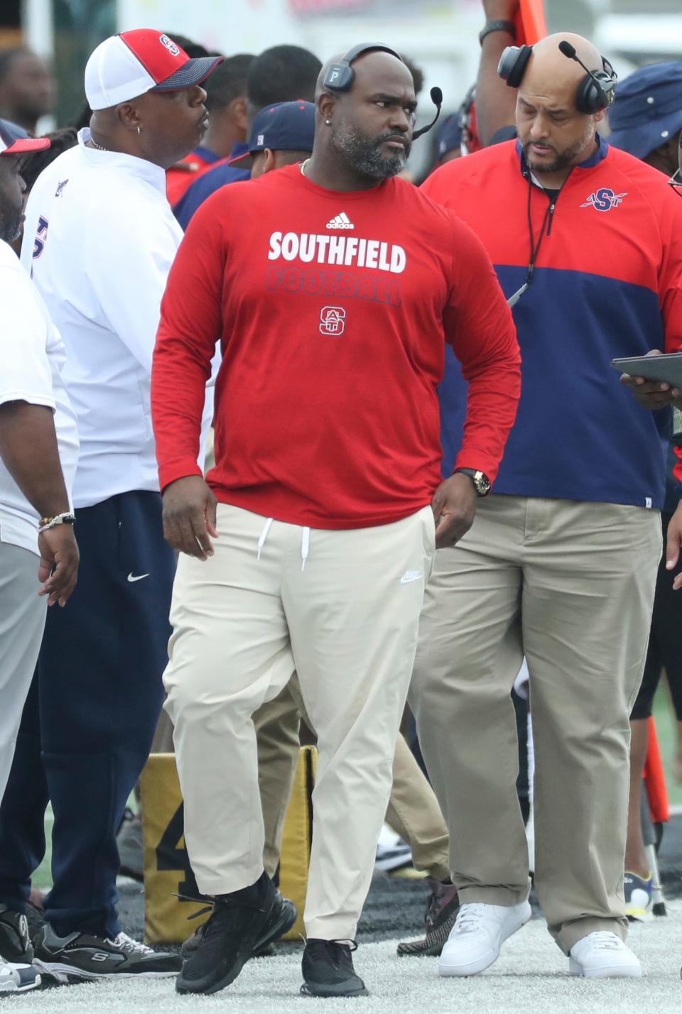 Southfield A&T head coach Aaron Marshalll on the sidelines during action against Cass Tech Saturday, August 26, 2023.