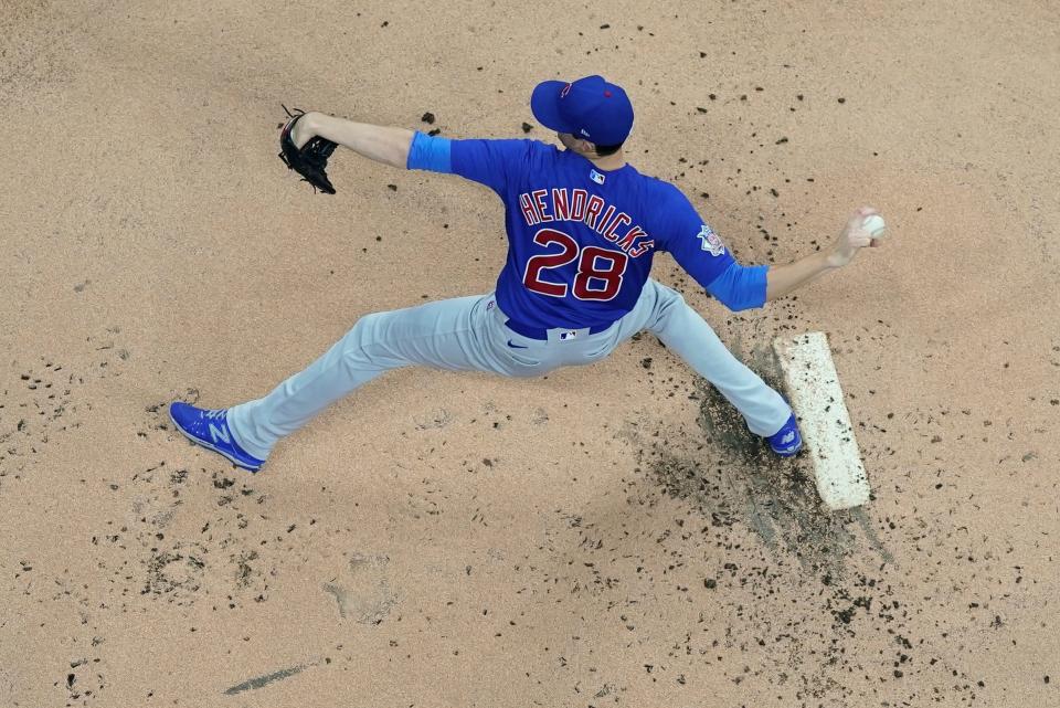 Chicago Cubs starting pitcher Kyle Hendricks throws during the first inning of a game against the Milwaukee Brewers on July 5, 2022, in Milwaukee.