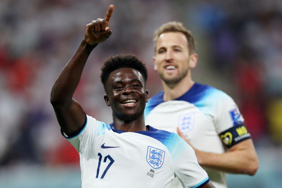 Bukayo Saka celebrates after scoring against Iran (The FA via Getty Images)