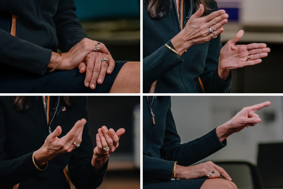 A quadrant with detail shots of Nikki Haley gesturing during an interview. (Jamie Kelter Davis for NBC News)