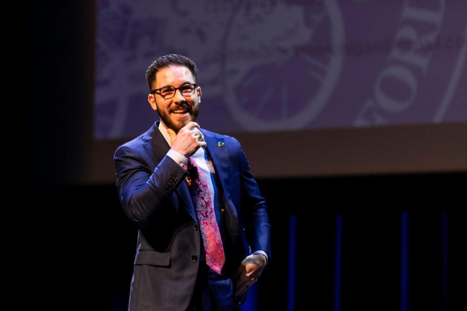 Dearborn mayor Abdullah H. Hammoud speaks during the State of the City address at Ford Community and Performing Arts Center in Dearborn on Tuesday, May 23, 2023.