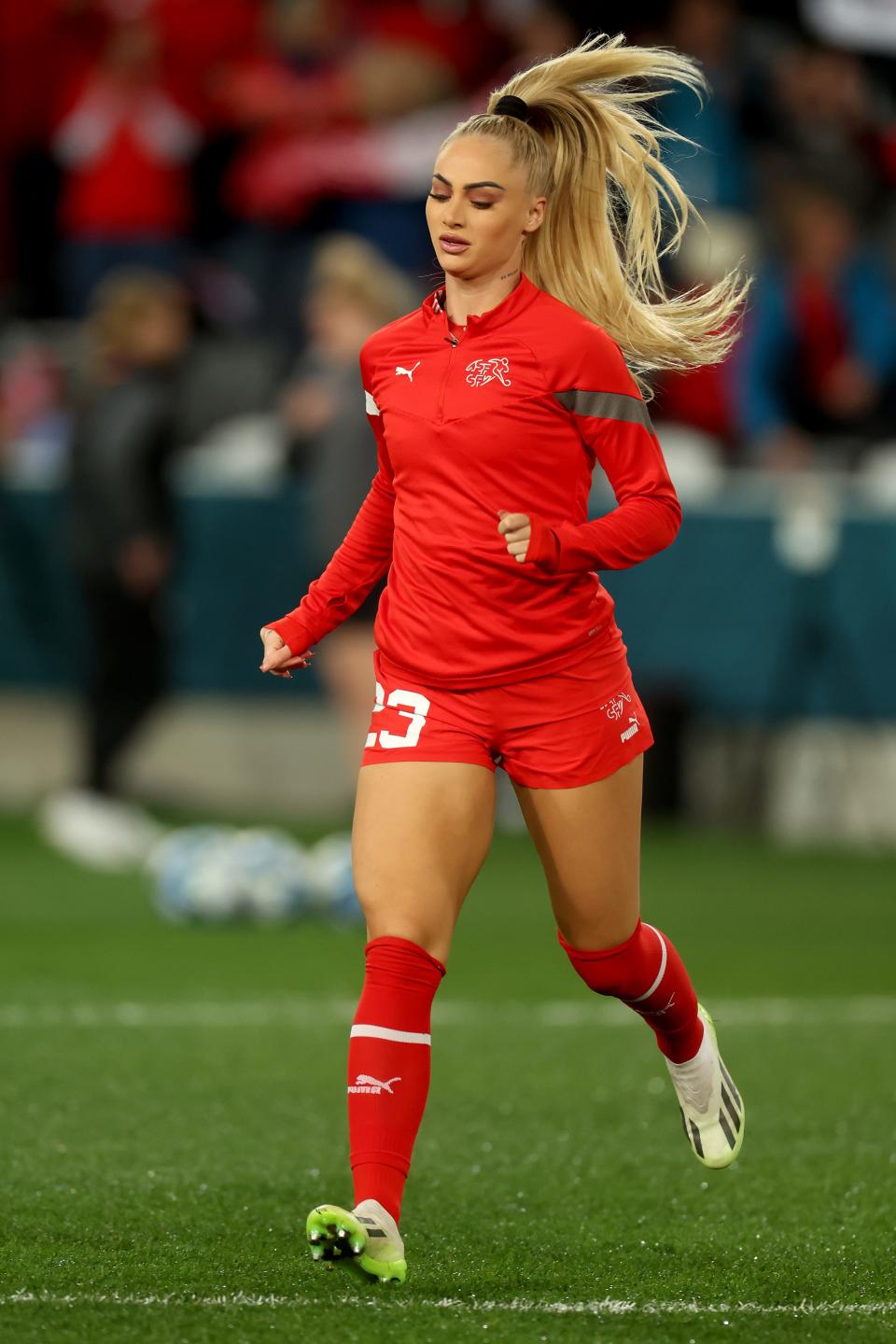 DUNEDIN, NEW ZEALAND - JULY 30: Alisha Lehmann of Switzerland warms up during the FIFA Women's World Cup Australia & New Zealand 2023 Group A match between Switzerland and New Zealand at Dunedin Stadium on July 30, 2023 in Dunedin, New Zealand. (Photo by Lars Baron/Getty Images)