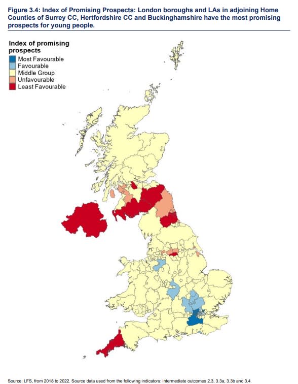 A map of the UK showing areas with the most and least promising prospects