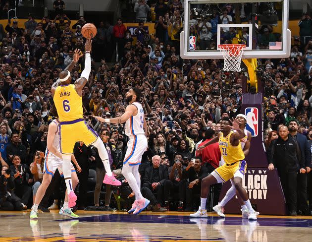 LeBron James shoots the ball to break Kareem Abdul-Jabbar's all time scoring record on Feb. 7.