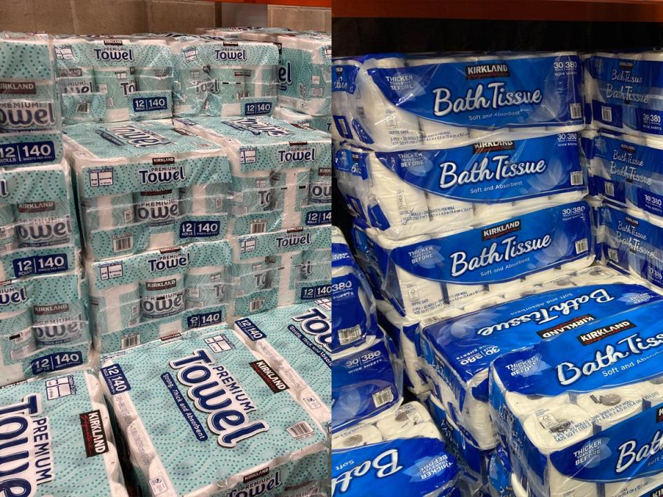 packages of bulk paper towels and packages of bulk toilet paper at costco