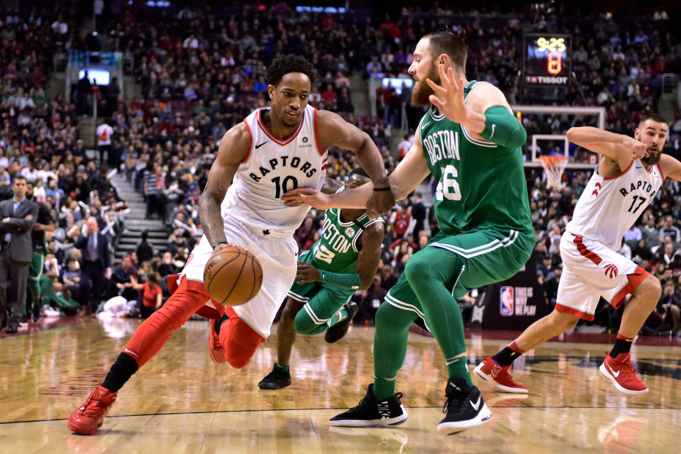 DeMar DeRozan and the Raptors got a much-needed win over a depleted Celtics team to move within one win of locking up the East’s No. 1 seed. (THE CANADIAN PRESS/Frank Gunn)