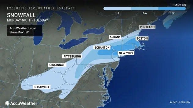 Predicted snow totals for the Feb. 11-12, 2024, Northeast snowstorm.