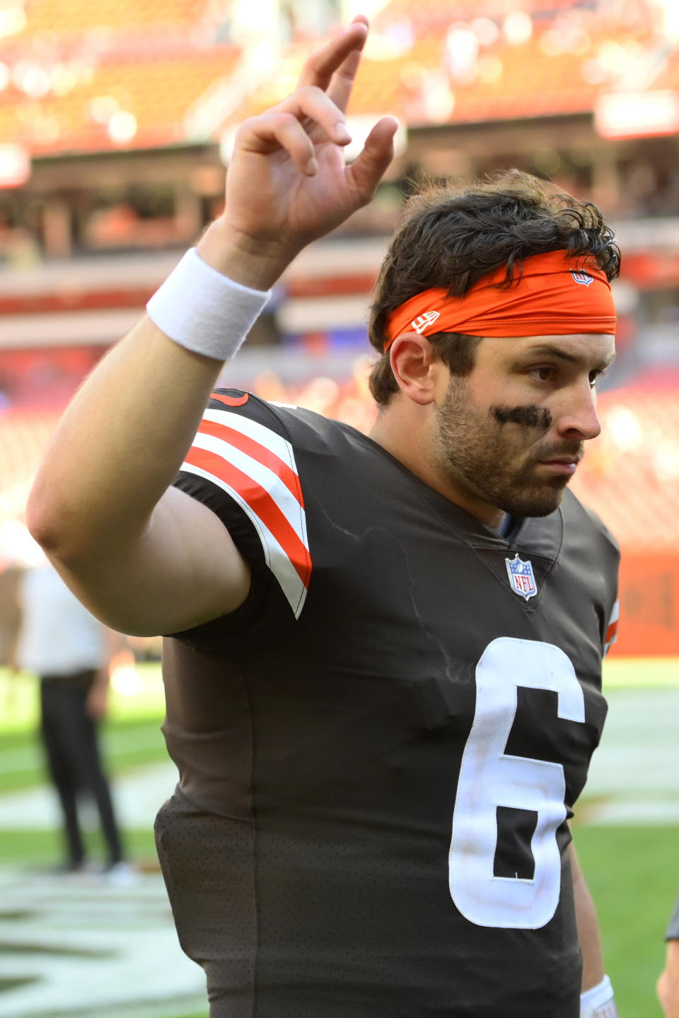 Cleveland Browns quarterback Baker Mayfield celebrates after his team defeated the Houston Texans in an NFL football game, Sunday, Sept. 19, 2021, in Cleveland. (AP Photo/David Richard)