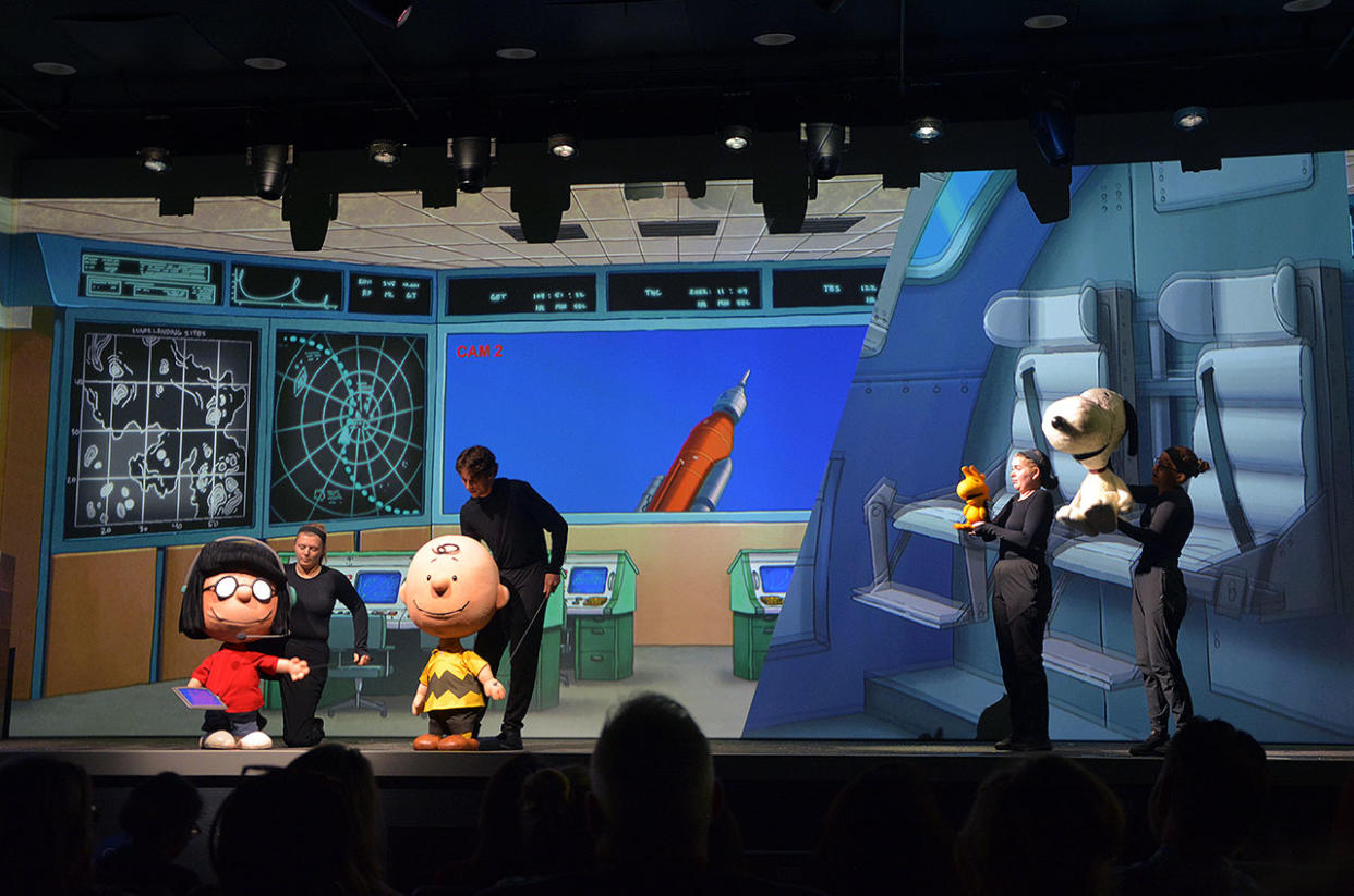  Puppeteers bring Marcie, Charlie Brown, Snoopy and Woodstock to life as they learn about NASA's Artemis moon missions during "All Systems Are Go," the new 20-minute show now at Kennedy Space Center Visitor Complex in Florida. 